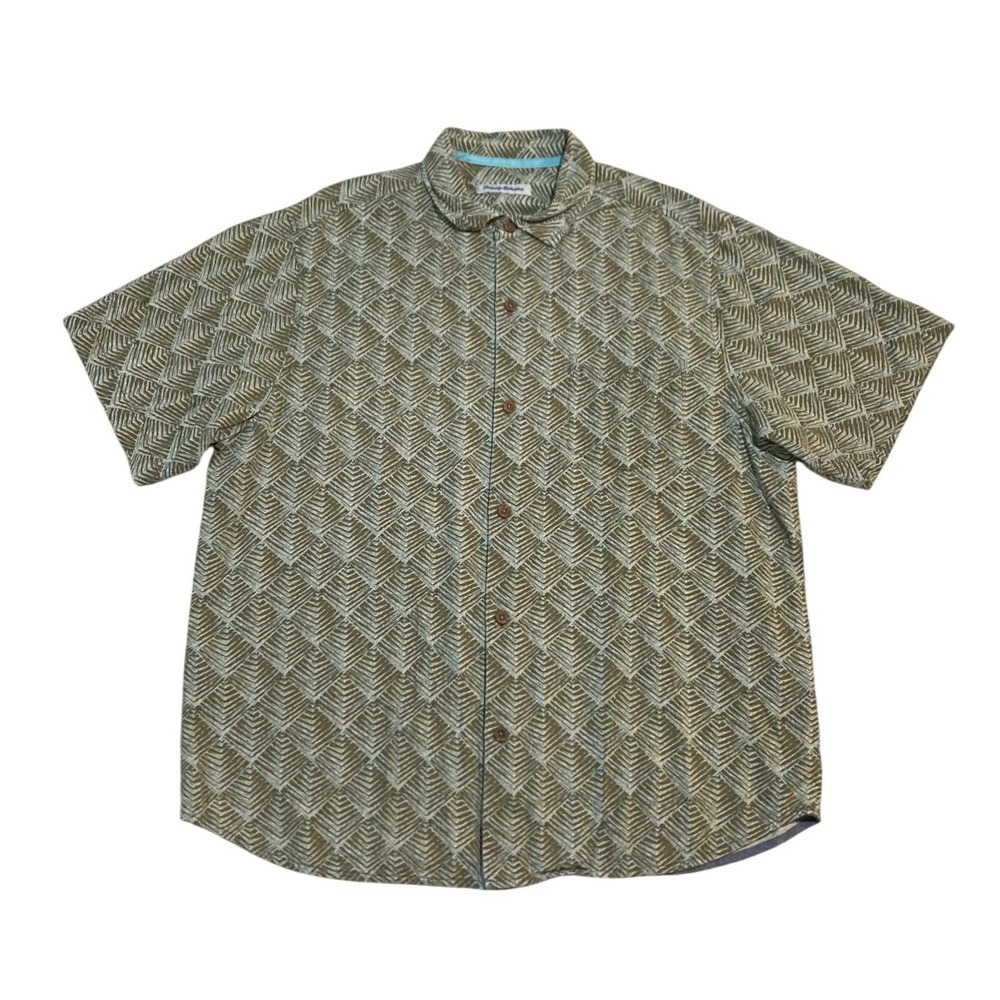 Tommy Bahama Mens 100% Silk Short Sleeve Button Down Shirt Geometric Olive